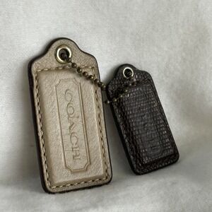 COACH 2.5" Hang Tag Fob Bag Charm Taupe & Brown Leather Set, Brass Ball Chain